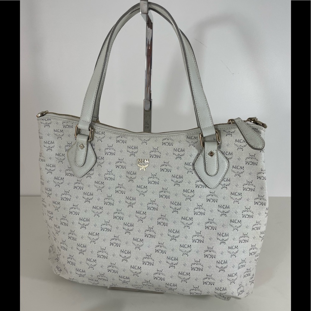 ❤️ MCM ❤️Visetos Coated Canvas Tote Bag Shoulder Leather White